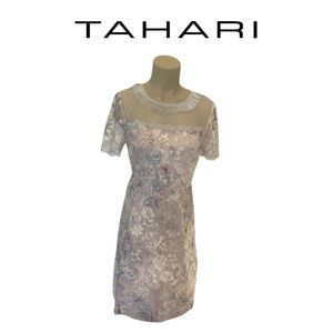 👛 T Tahari Laura Dress Floral Embroidered Lace Overlay Size 14 👗🌸